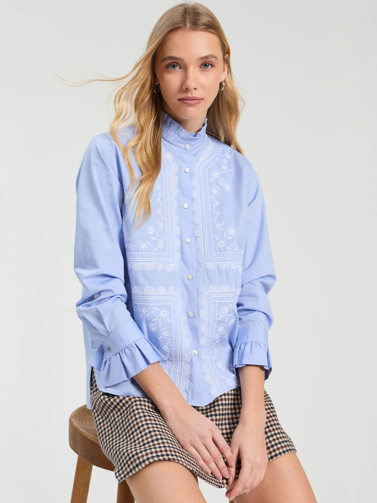 Floral Embroidered Shirt - Light Blue