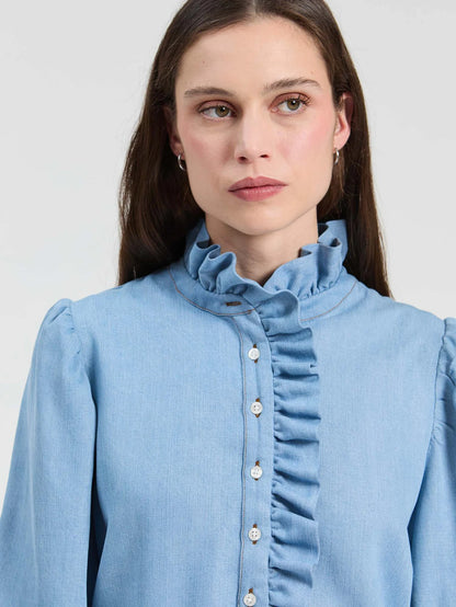 Ruffled Shirt with Front Ruffles - Light Denim Blue