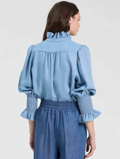 Ruffled Shirt with Front Ruffles - Light Denim Blue
