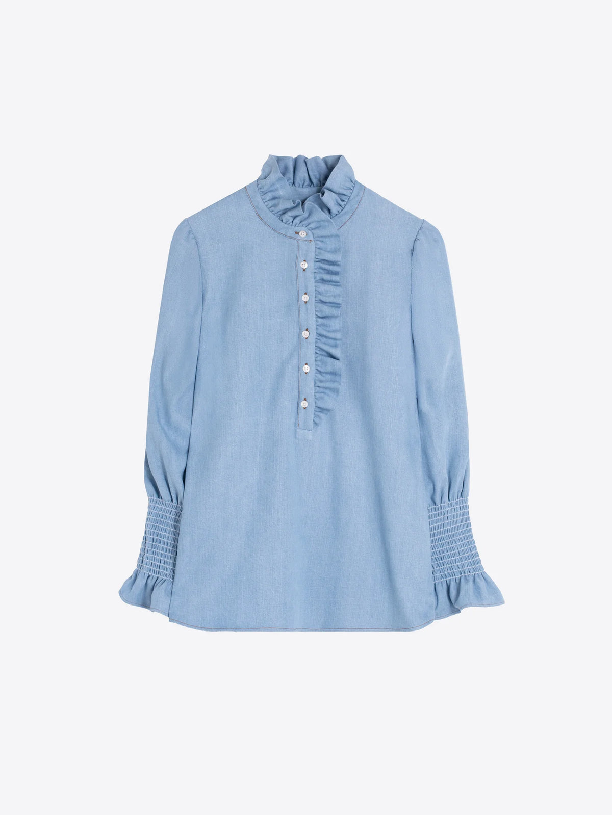 Ruffled Shirt with Front Ruffles - Light Denim Blue