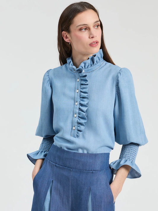 Ruffled Shirt with Front Ruffles - Light Denim Blue