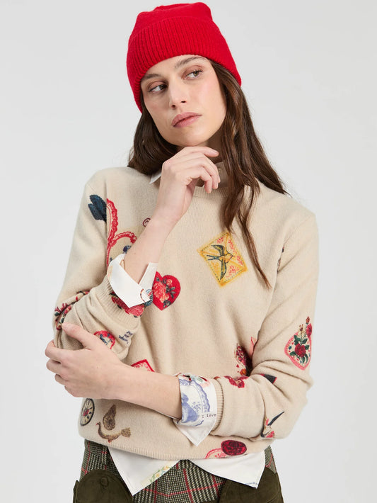 Vintage Pattern Love Jersey Sweater - Beige