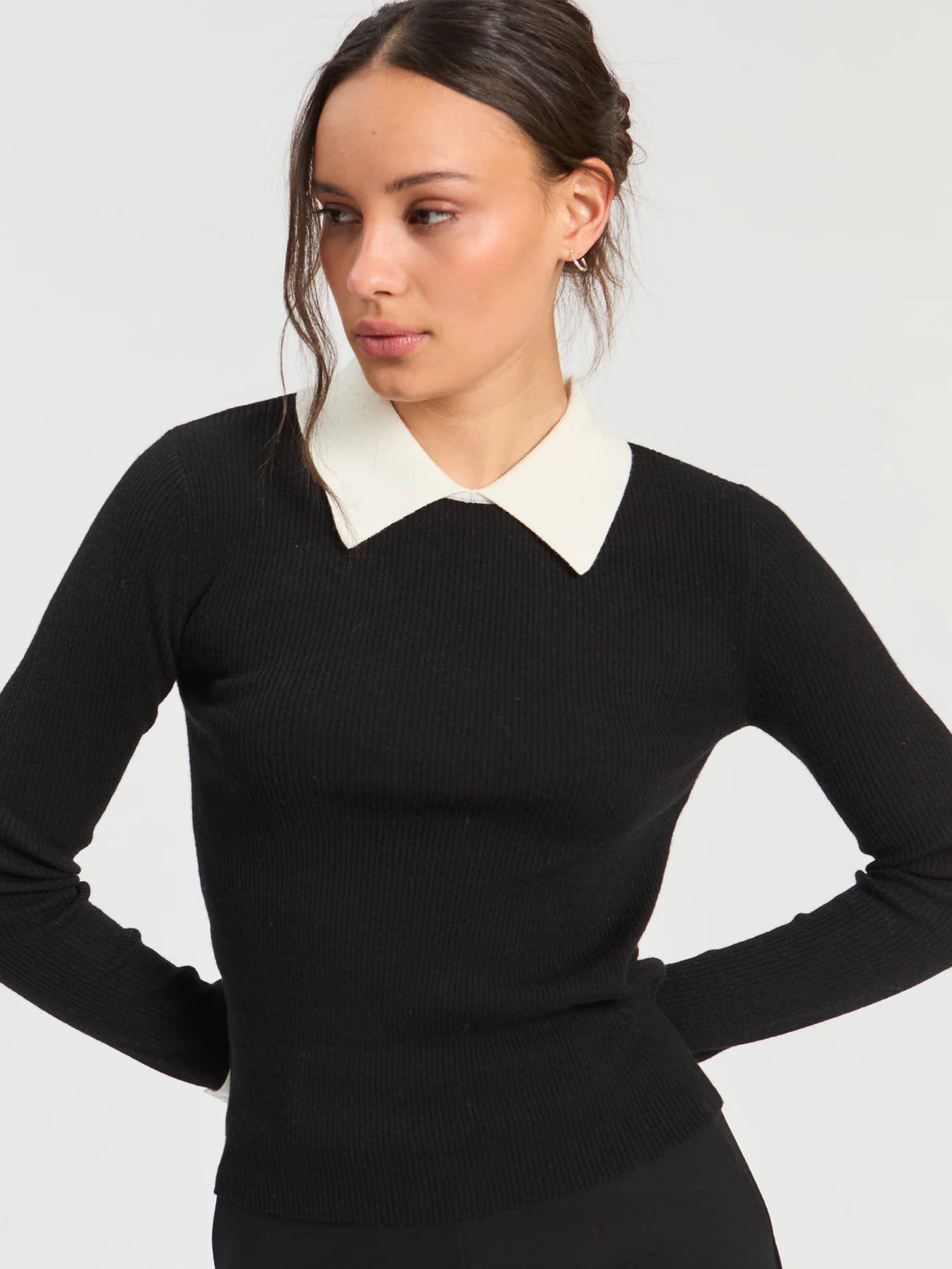 Ribbed Jersey Collar Sweater Top - Black/Ecru
