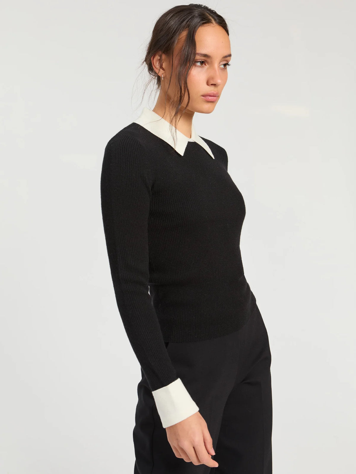 Ribbed Jersey Collar Sweater Top - Black/Ecru