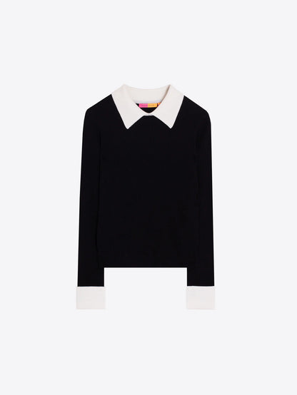 Ribbed Jersey Collar Sweater Top - Black/Ecru