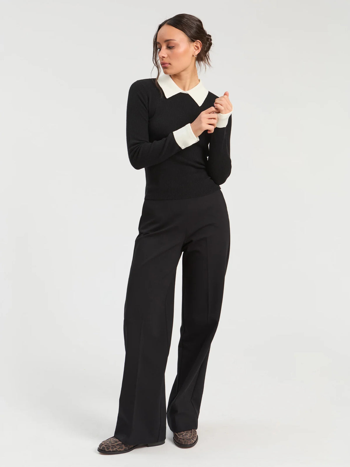 Ribbed Jersey Collar Sweater Top - Black/Ecru