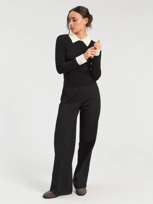 Ribbed Jersey Collar Sweater Top - Black/Ecru
