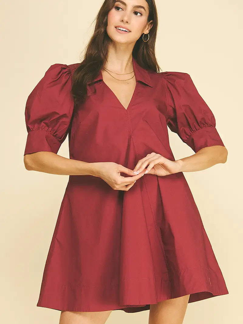 Puff Sleeve V-Neck Mini Dress - Maroon