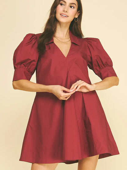 Puff Sleeve V-Neck Mini Dress - Maroon