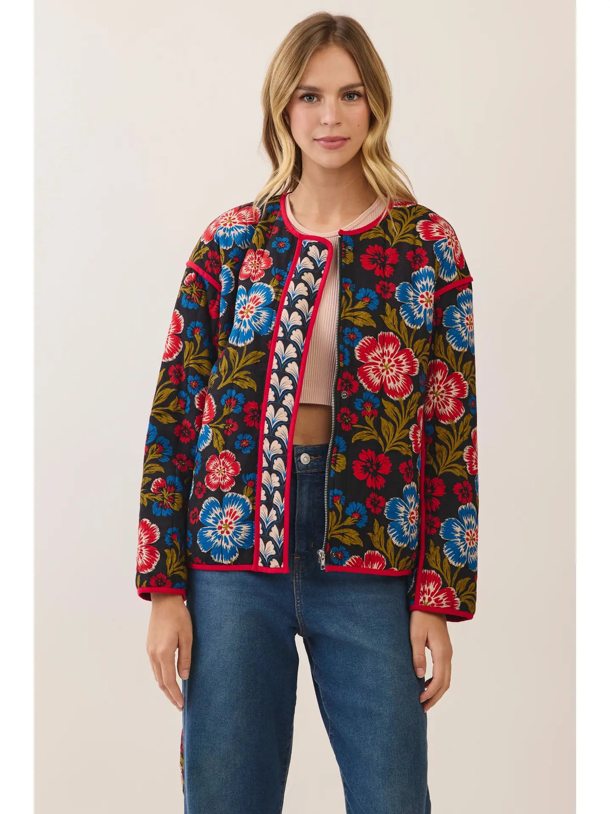 Floral Print Belted Jacket - Black