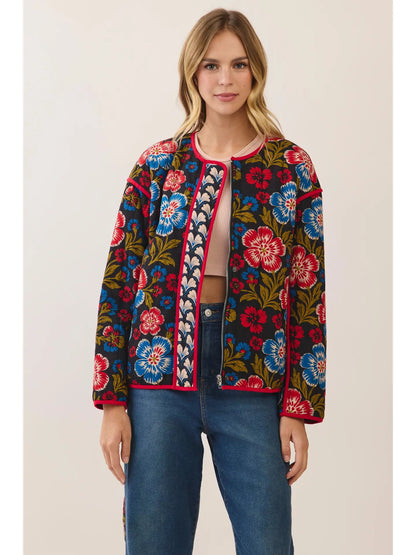 Floral Print Belted Jacket - Black