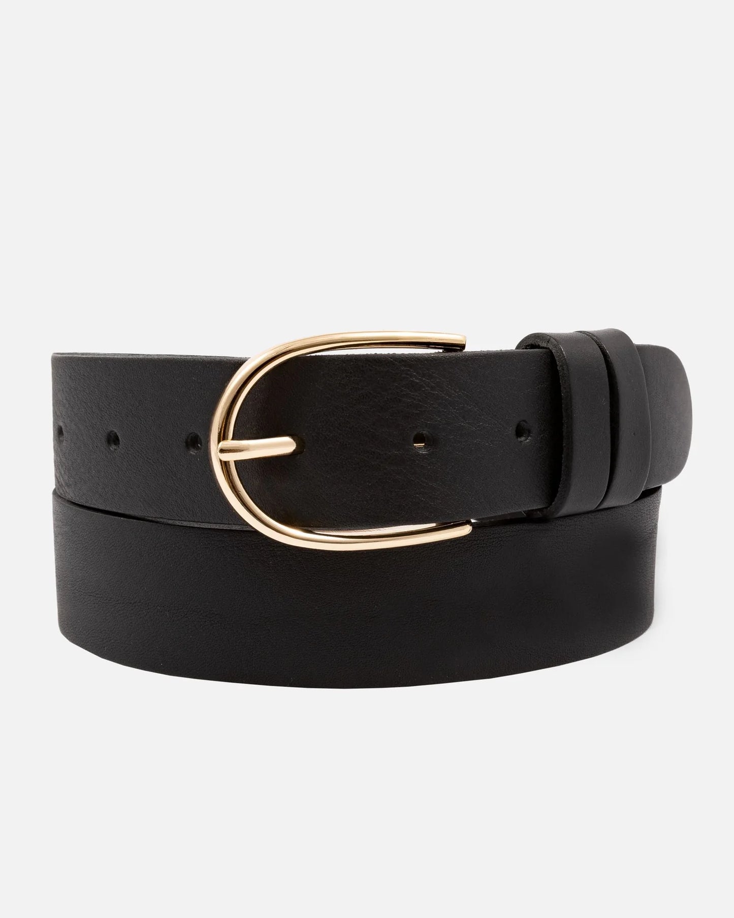 Drika Classic Leather Belt with Gold Buckle - Black