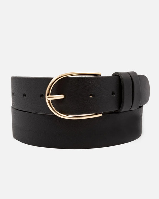 Drika Classic Leather Belt with Gold Buckle - Black