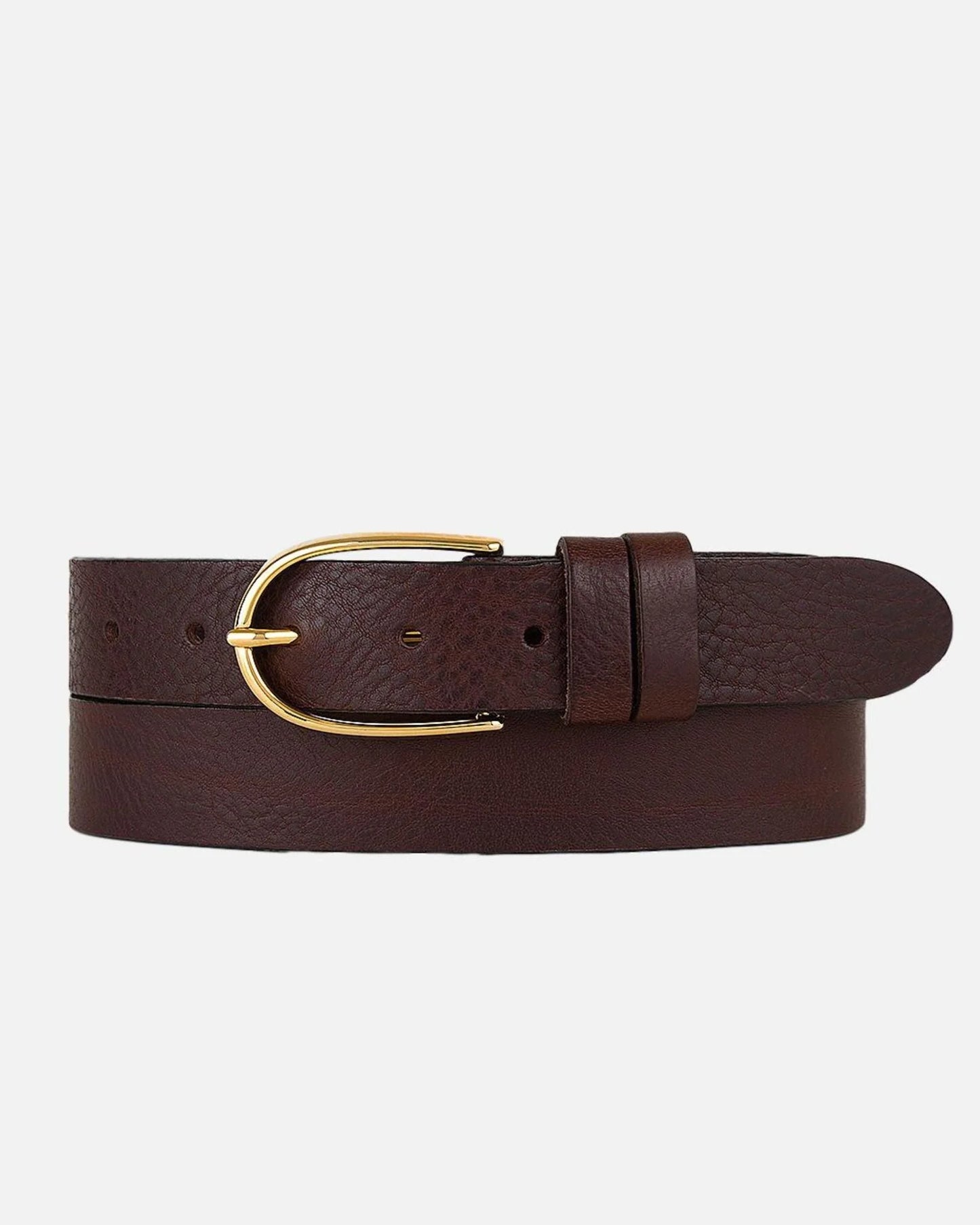 Drika Classic Leather Belt with Gold Buckle - Brown