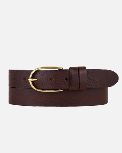 Drika Classic Leather Belt with Gold Buckle - Brown