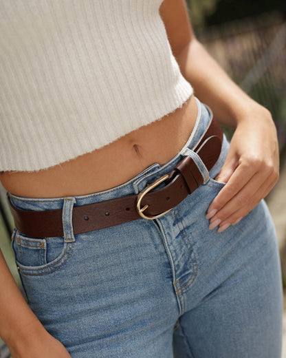 Drika Classic Leather Belt with Gold Buckle - Brown