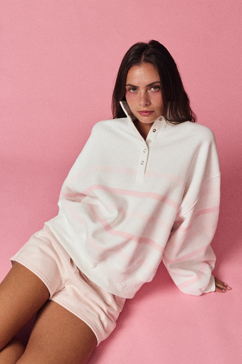 Striped Mock Neck Pullover - White/Pink