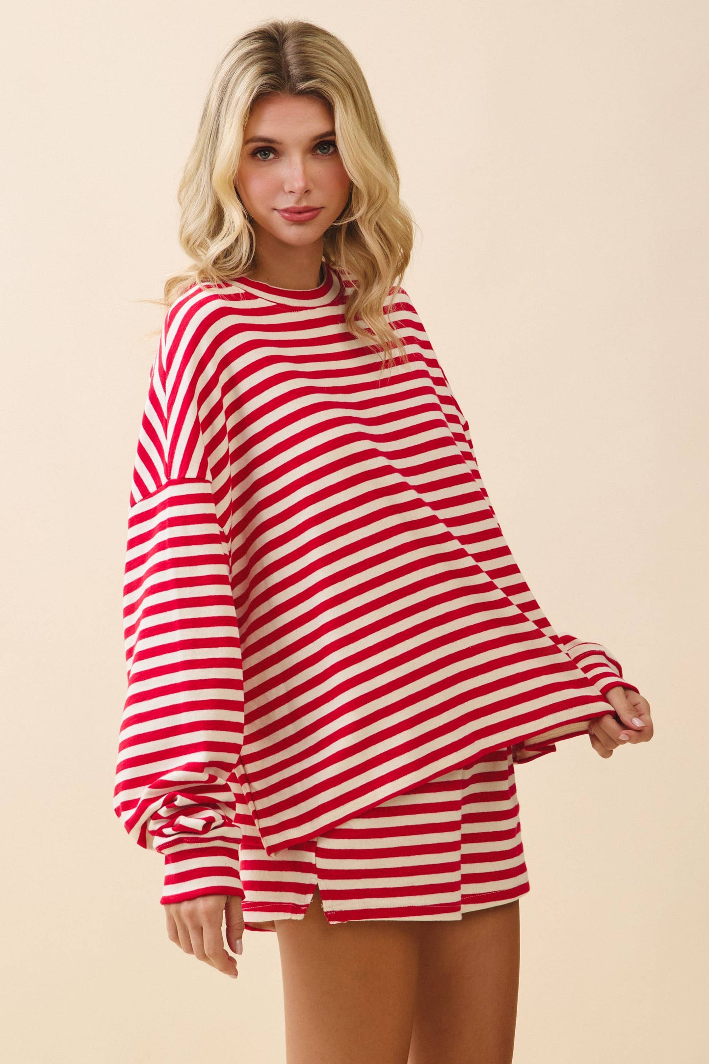Striped Dropped Shoulders Relaxed Long Sleeve Top - Red
