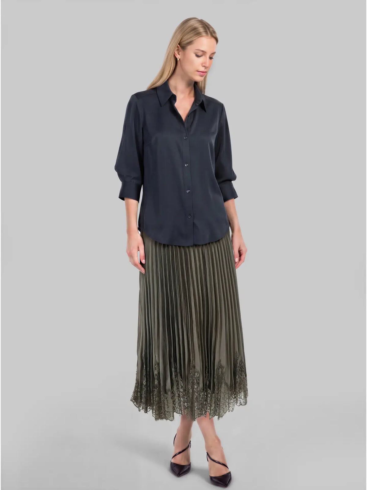 Satin 3/4 Sleeve Button-Down Shirt - Dark Navy