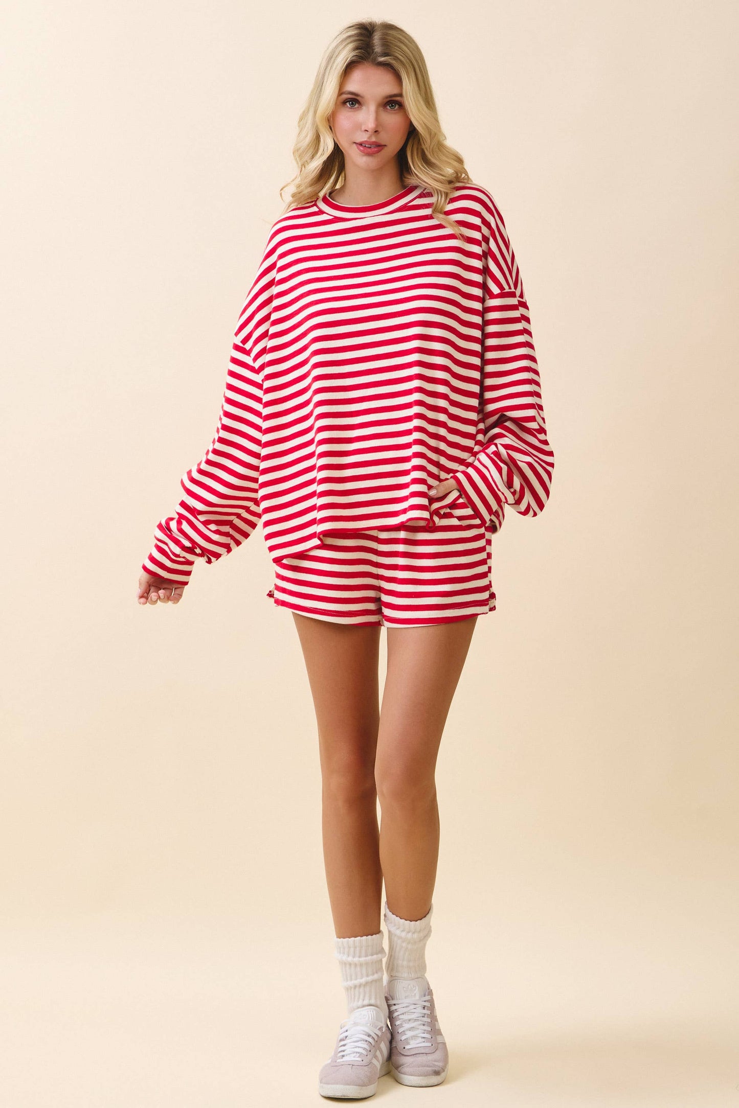 Striped Dropped Shoulders Relaxed Long Sleeve Top - Red