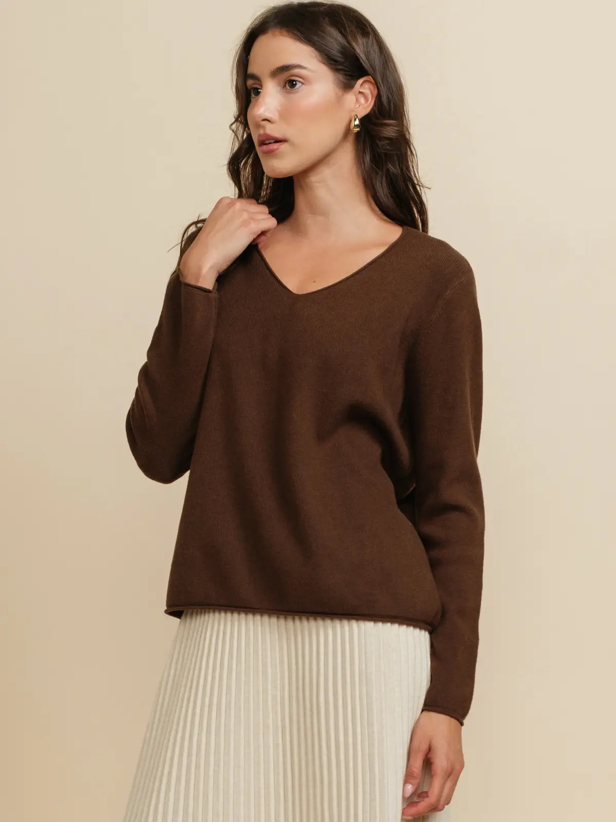 Essential V-Neck Long Sleeve Pullover Sweater Top - Brown