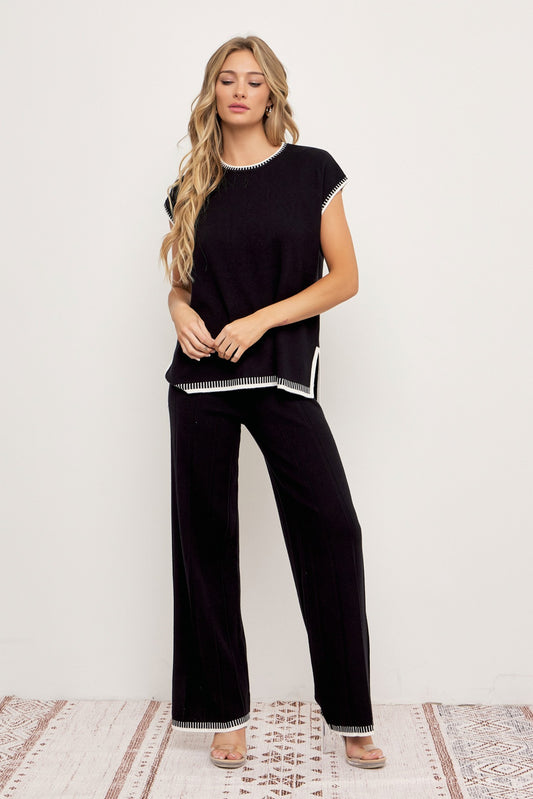 Calista Contrast Knit Pants - Black