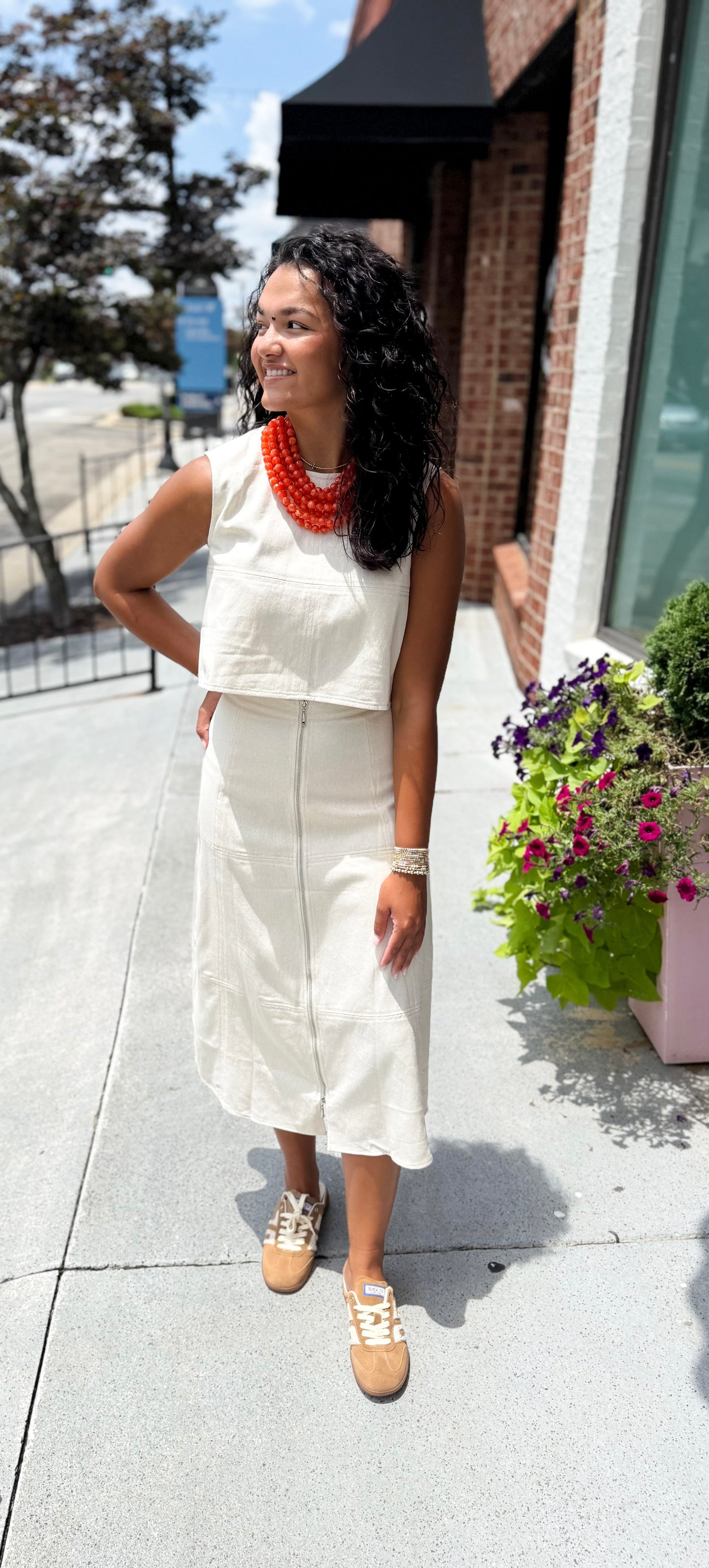 Front Zip Denim Midi Skirt - Oatmeal