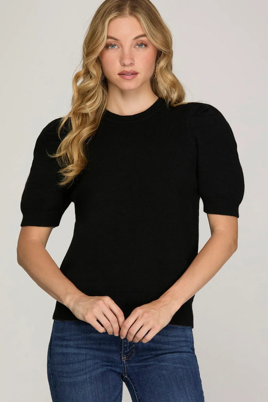 Short Sleeve Sweater Top - Black
