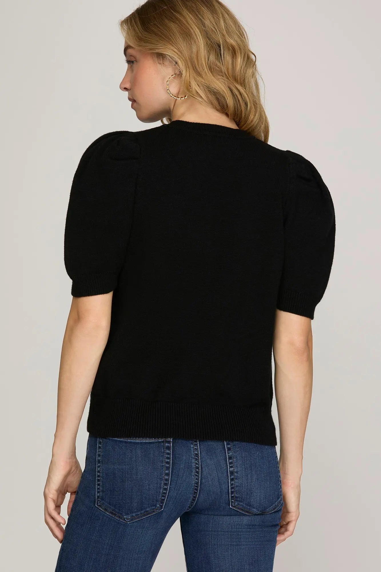 Short Sleeve Sweater Top - Black