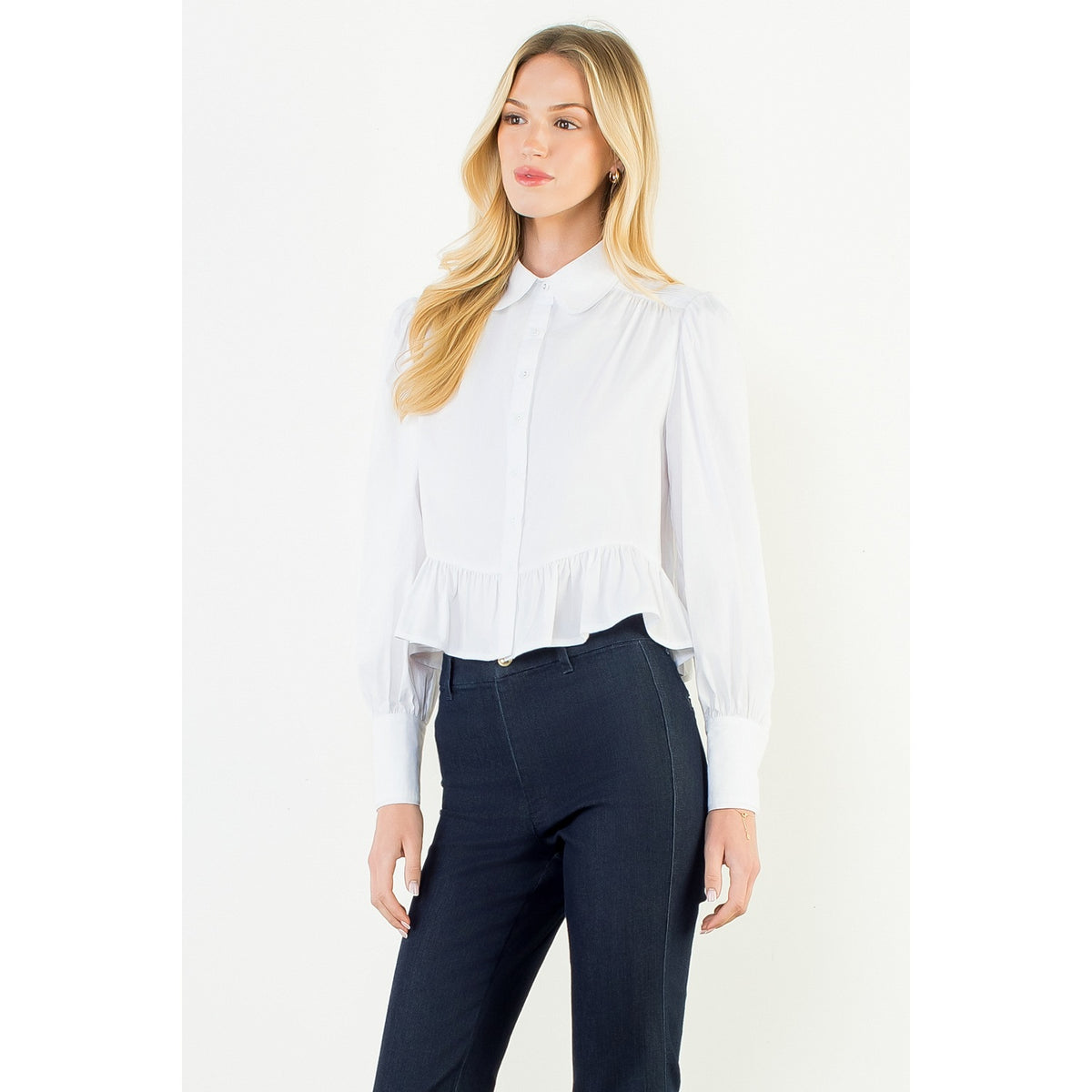Button Up Long Sleeve Ruffle Hem Top - White