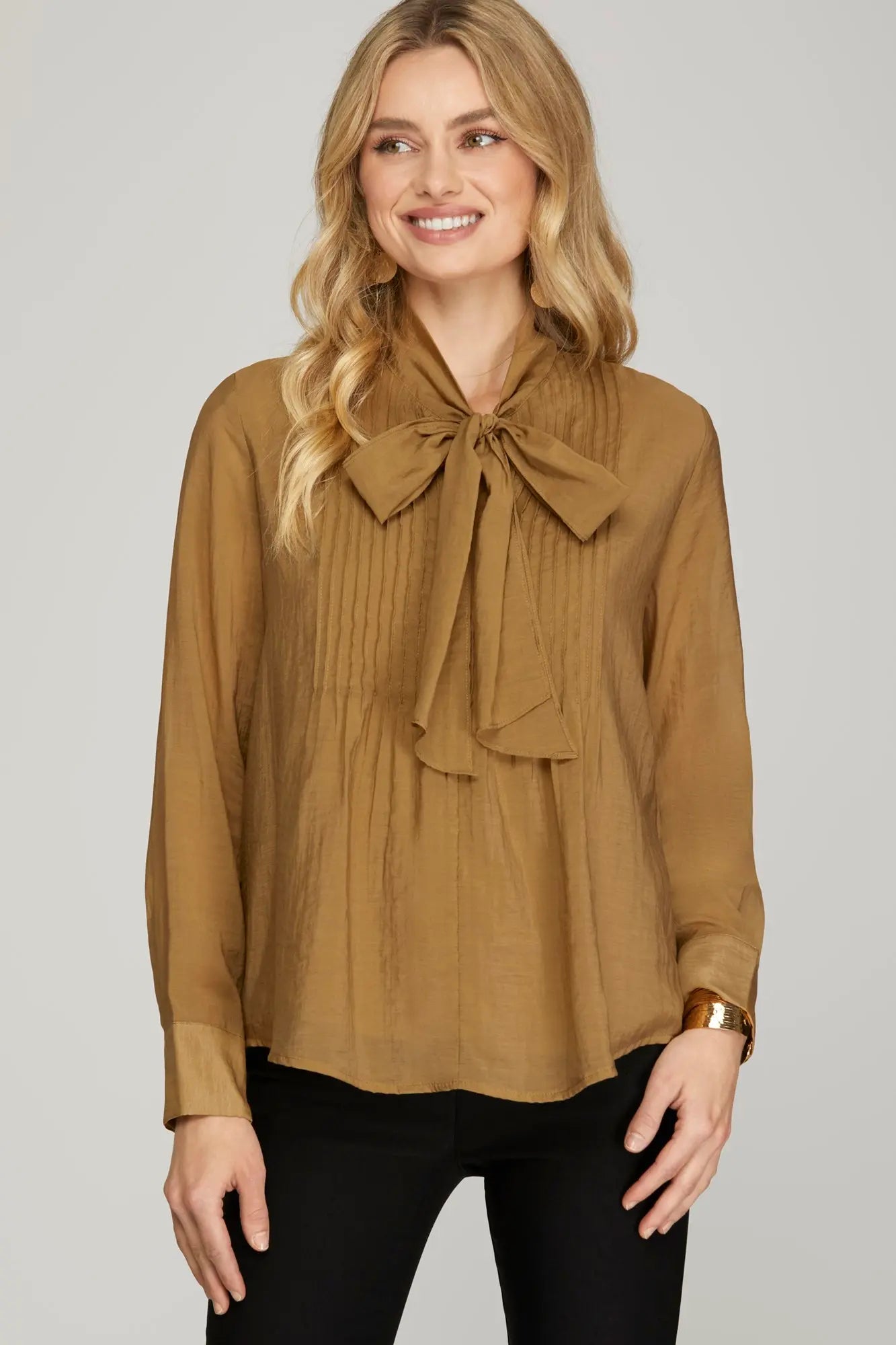 Pintuck Blouse Top with Bow - Light Cinnamon