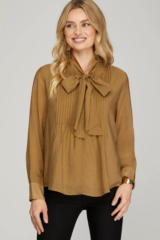 Pintuck Blouse Top with Bow - Light Cinnamon