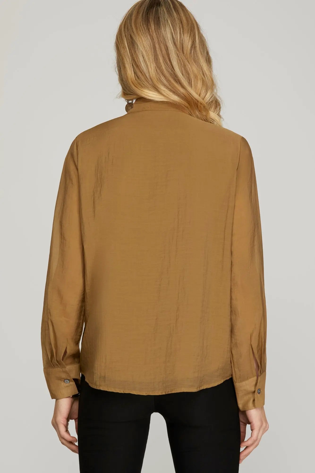 Pintuck Blouse Top with Bow - Light Cinnamon