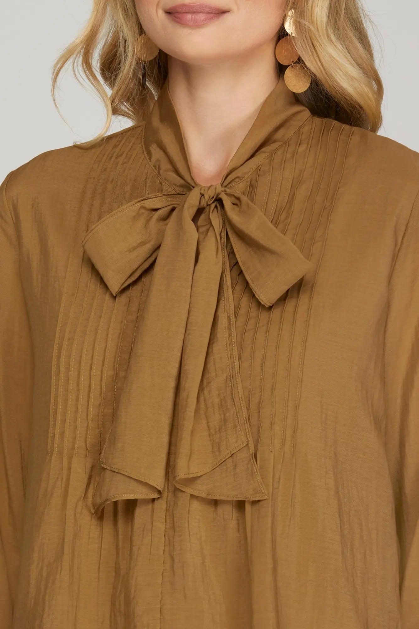 Pintuck Blouse Top with Bow - Light Cinnamon