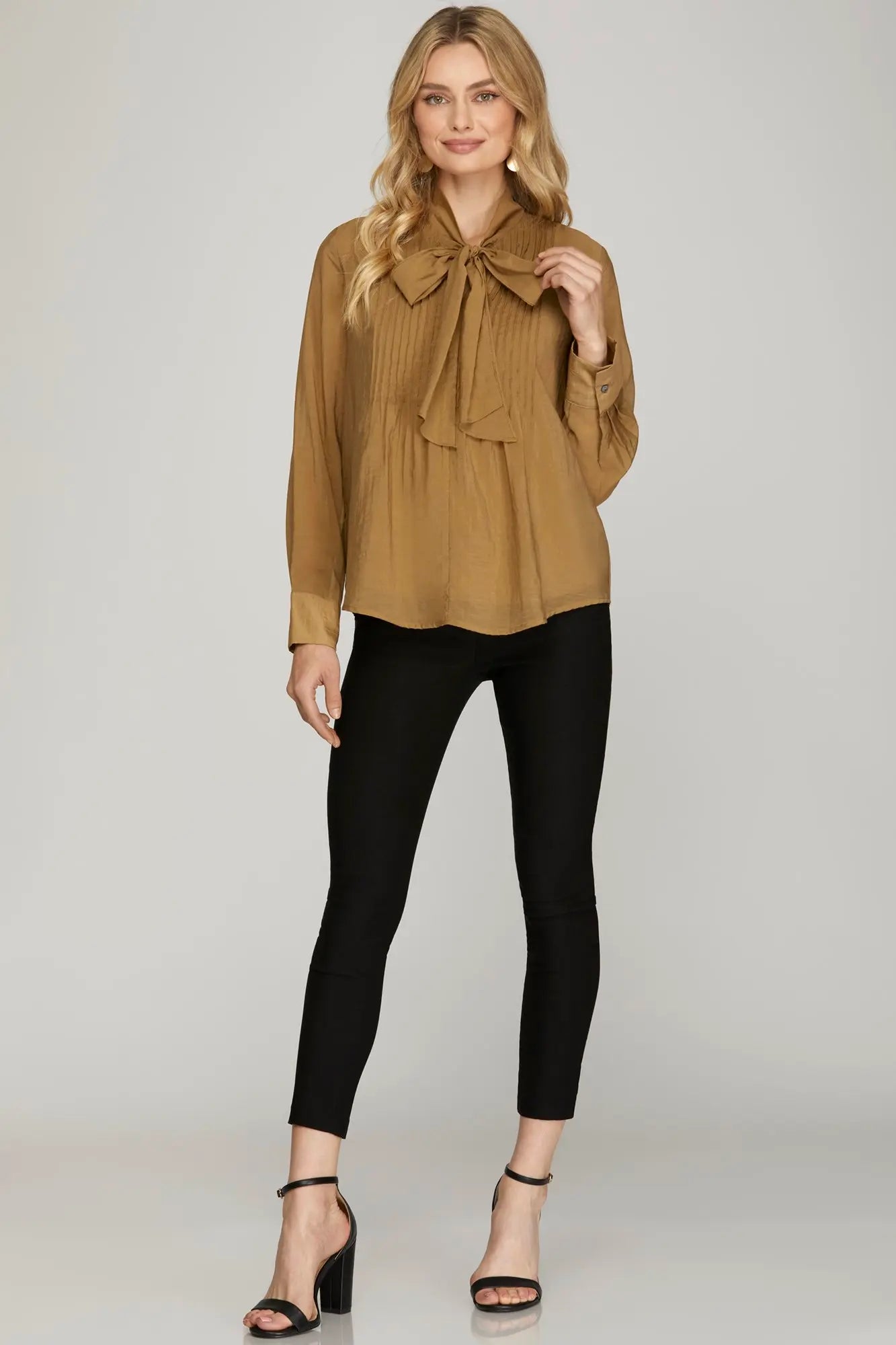 Pintuck Blouse Top with Bow - Light Cinnamon