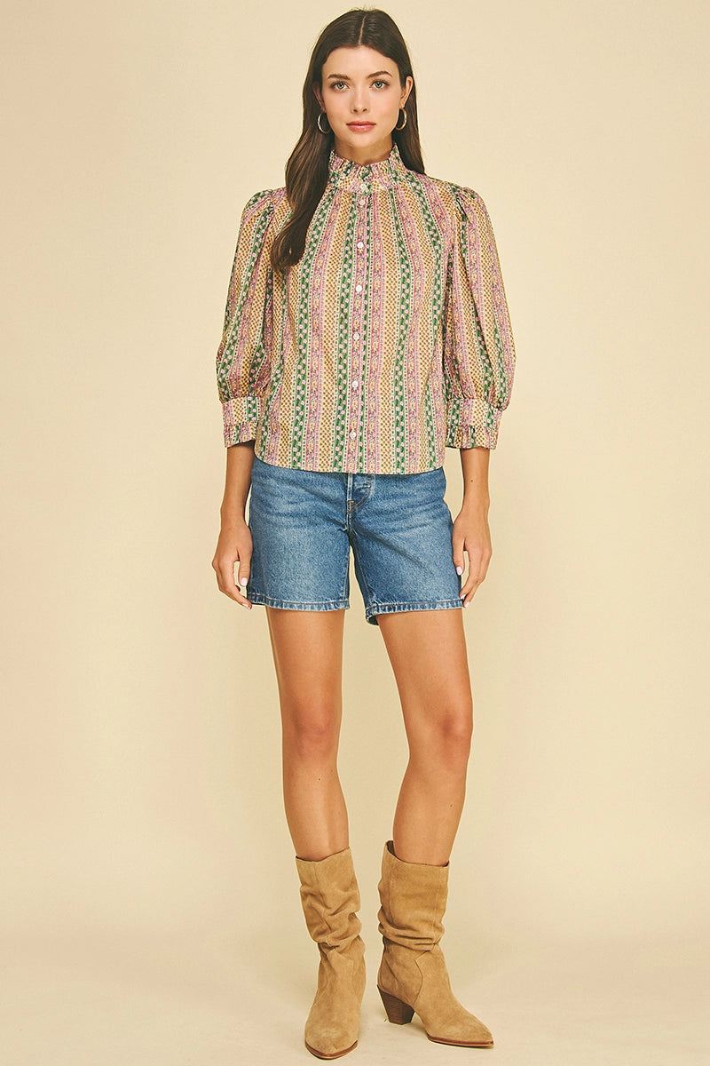 Floral Botanical Print Button Down Blouse - Green Multi