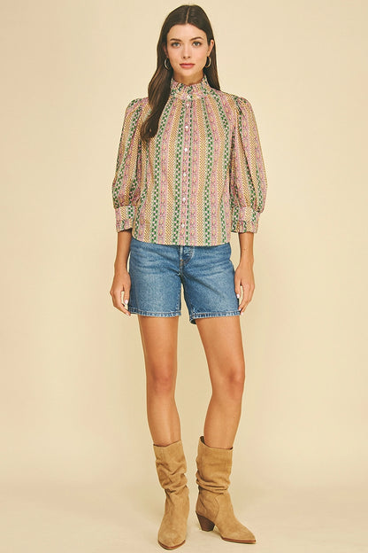 Floral Botanical Print Button Down Blouse - Green Multi