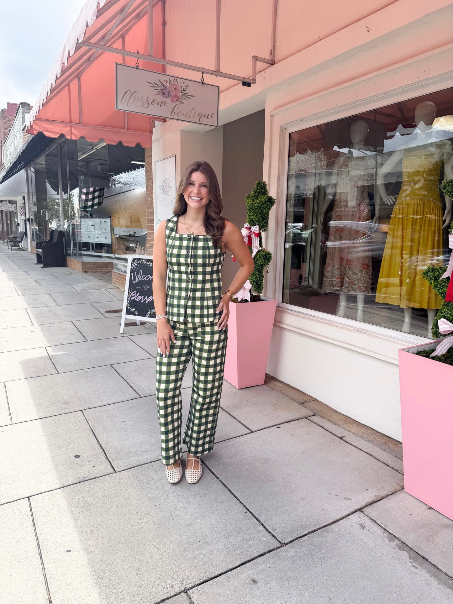 Gingham Wide Leg Pants - Army
