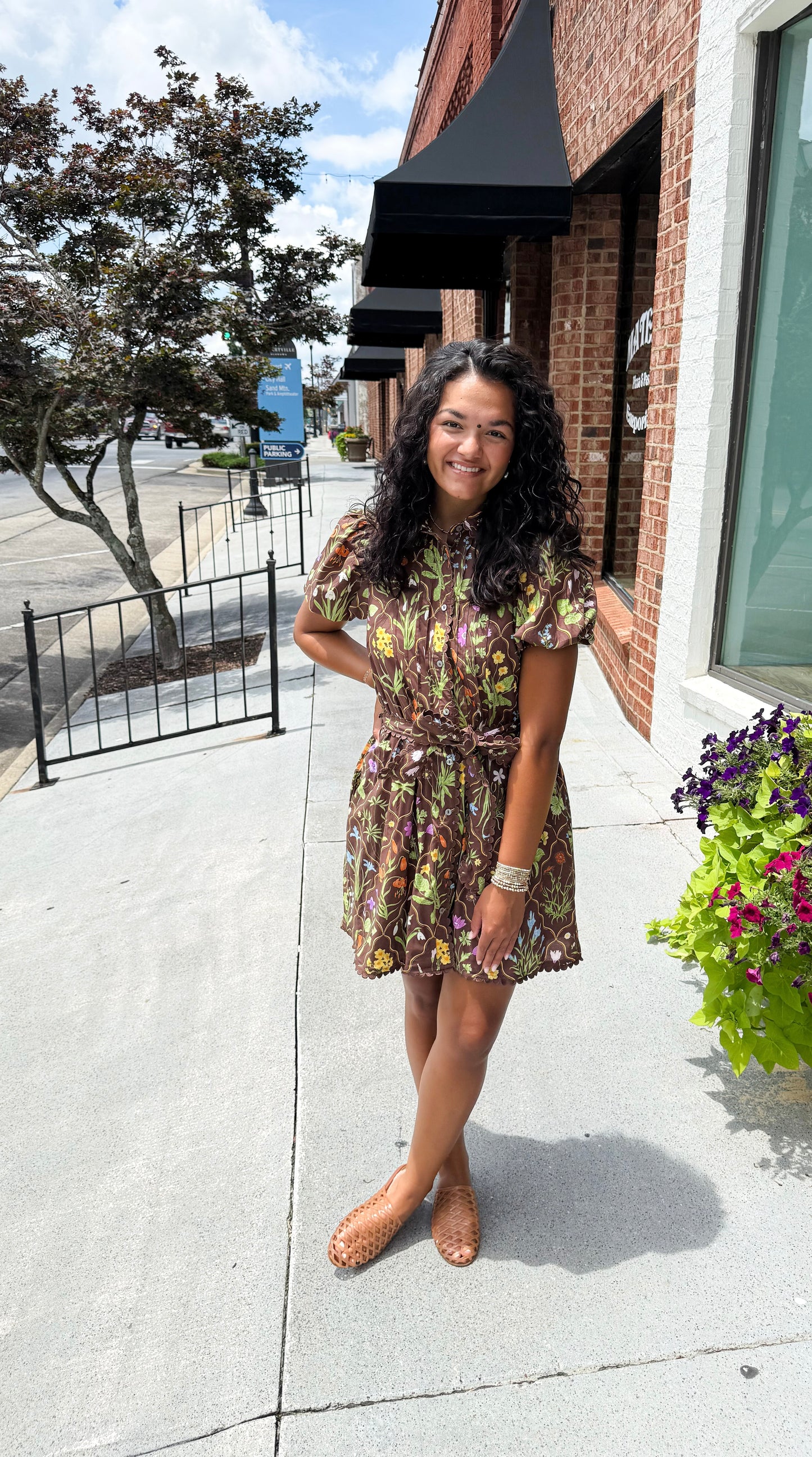 Floral Print Short Puff Sleeve Dress - Brown