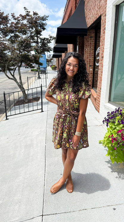 Floral Print Short Puff Sleeve Dress - Brown