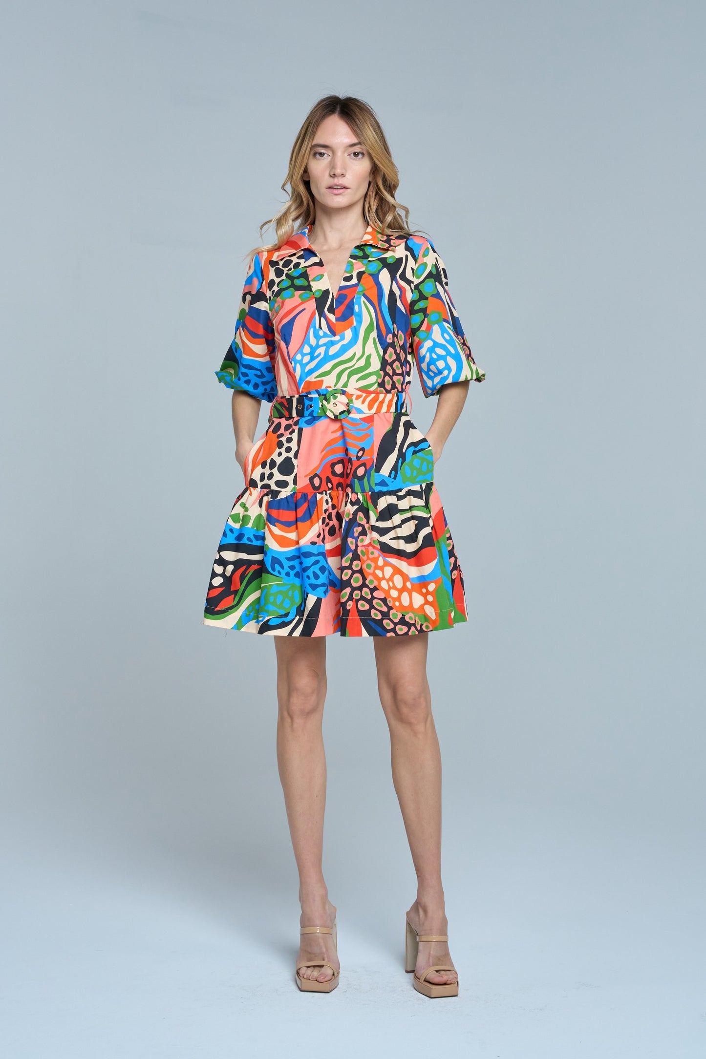 Azula Printed Bubble Sleeve Mini Dress
