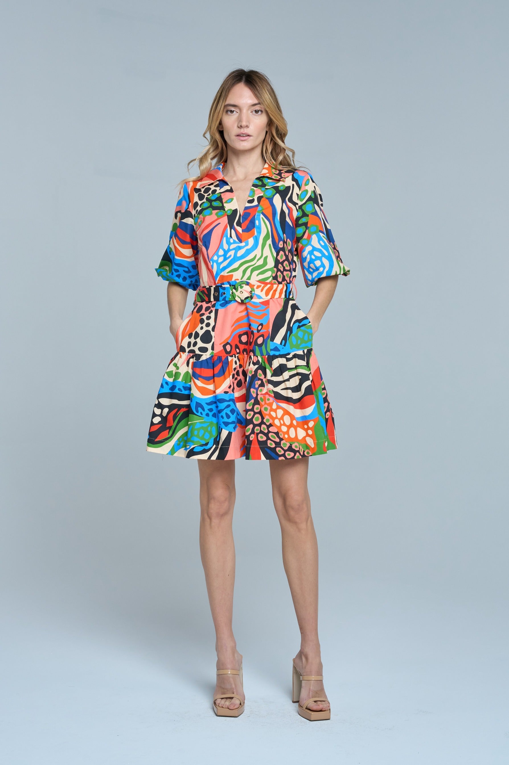 Azula Printed Bubble Sleeve Mini Dress