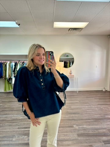 3/4 Puff Sleeve Top - Dark Denim