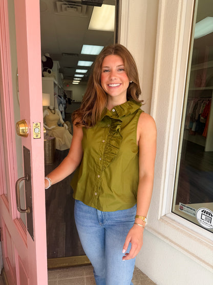 Sleeveless Ruffle Detail Top - Olive