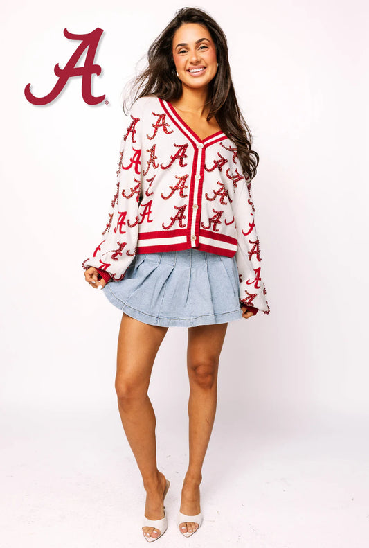 Queen of Sparkles Licensed Alabama Knit In Mascot Rhinestone Cardigan