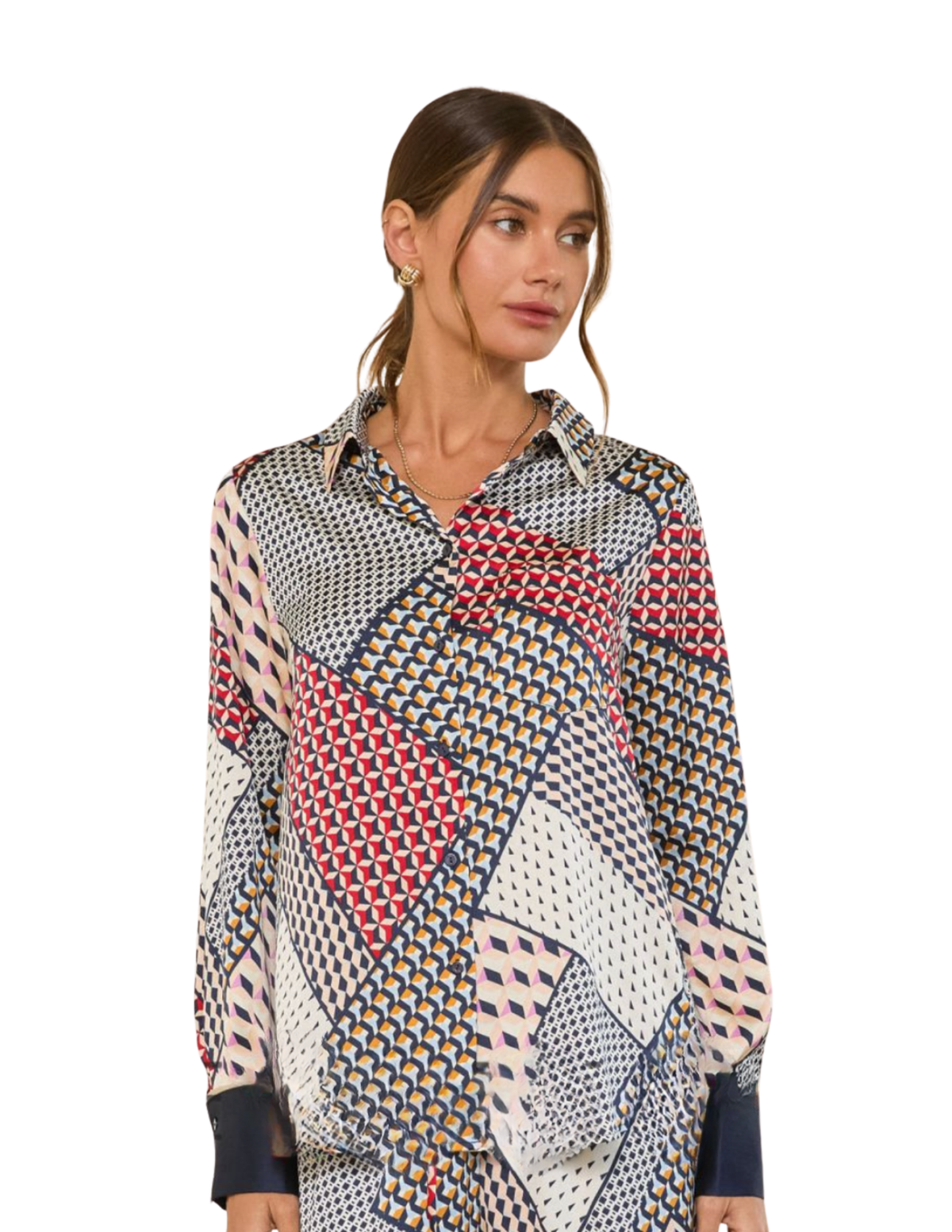 Geometric Patchwork Print Button-Down Silky Blouse - Navy Multi