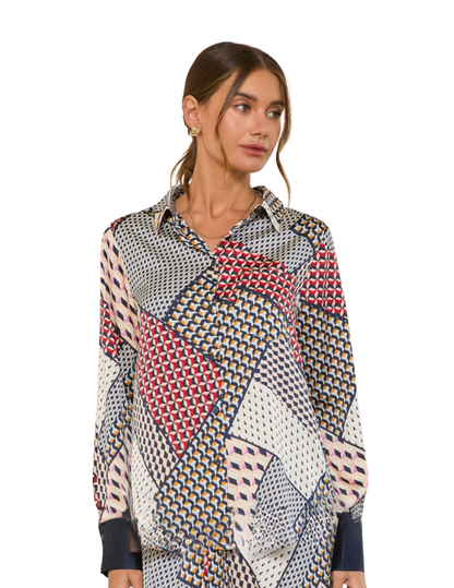Geometric Patchwork Print Button-Down Silky Blouse - Navy Multi