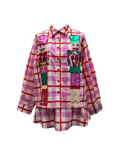 Queen of Sparkles Pink & Red Plaid Metallic Nutcracker Cotton Button Up Top