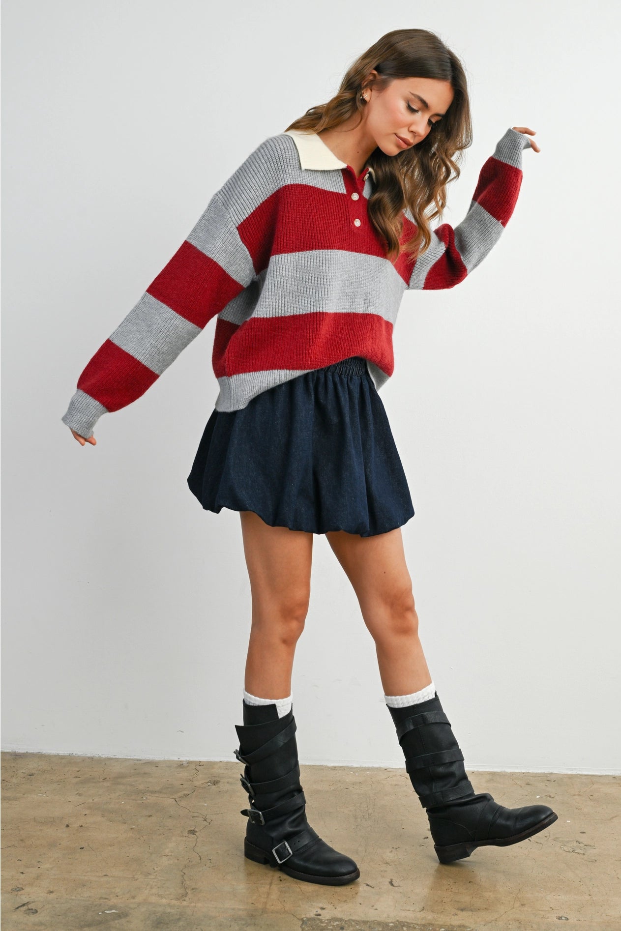 Buttoned Striped Collared Long Sleeve Top - Grey/Burgundy