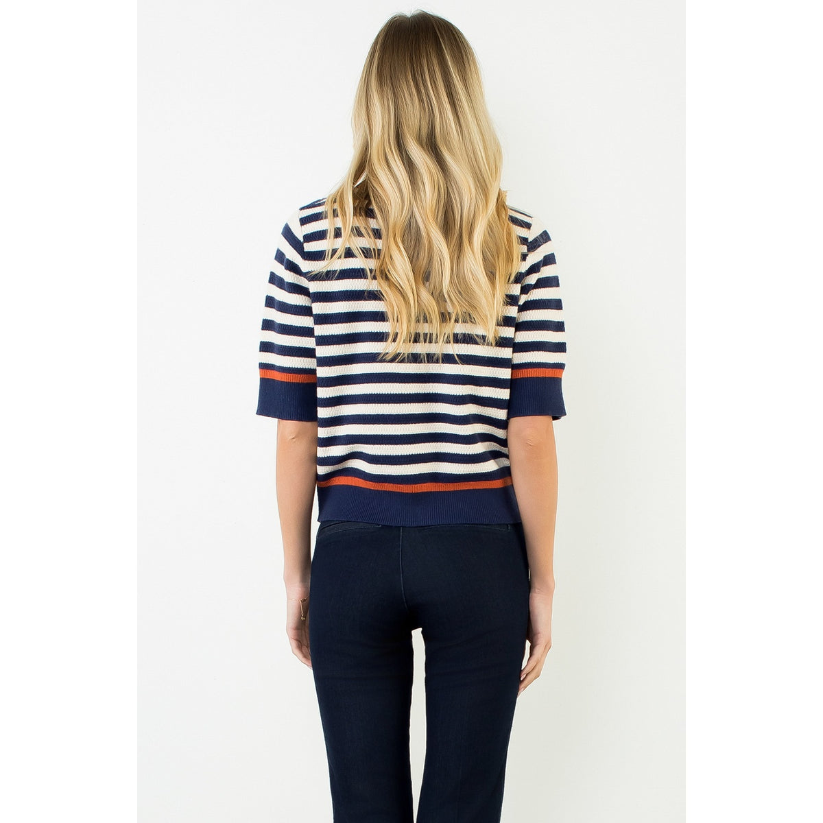 Stripe Short Sleeve Sweater Top - Navy/Orange